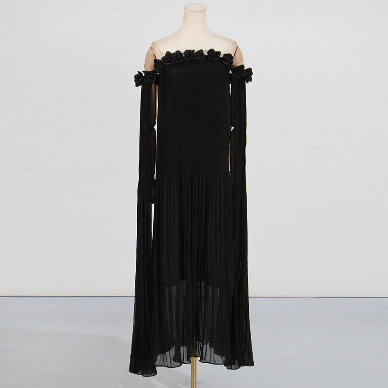 Elegant Off-Shoulder Long Dress with 3D Floral Appliques