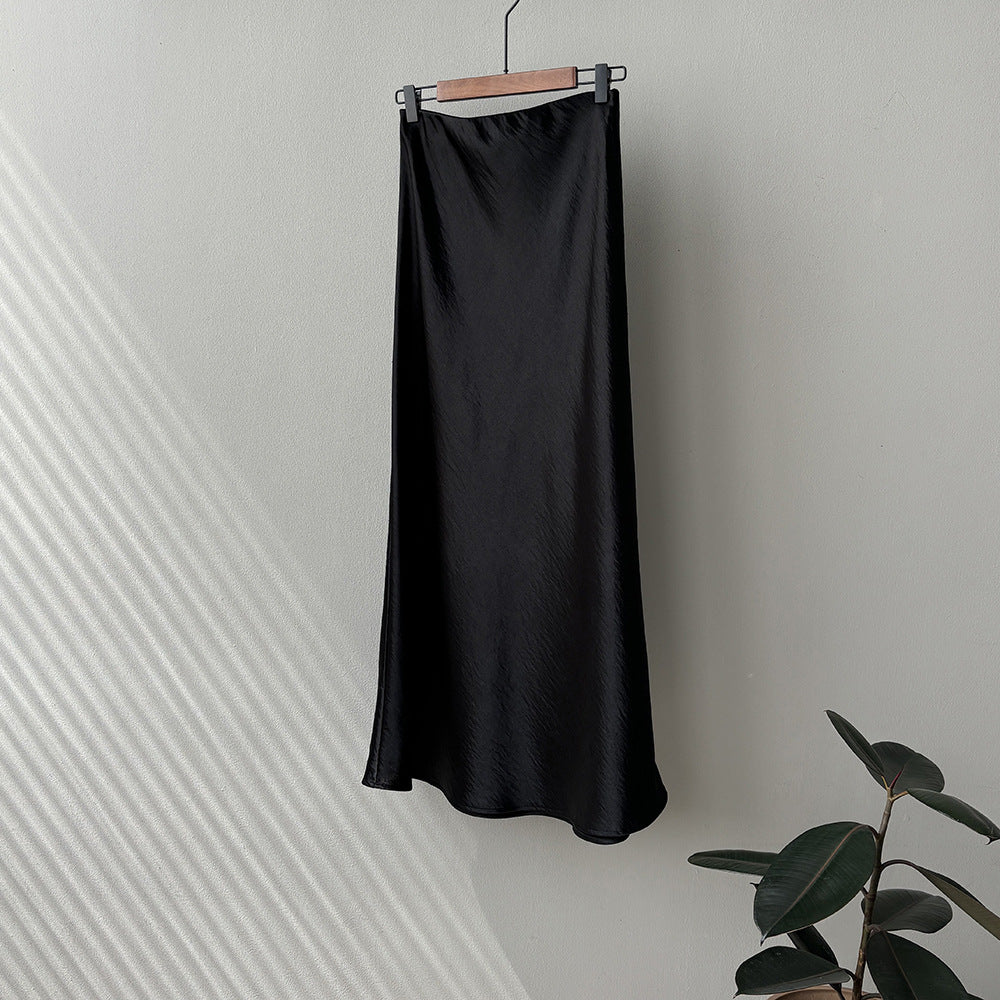 uxury Satin Midi Skirt – High Waist Bodycon Fishtail Skirt with Textured Detail-Black-M-Free Shipping Leatheretro