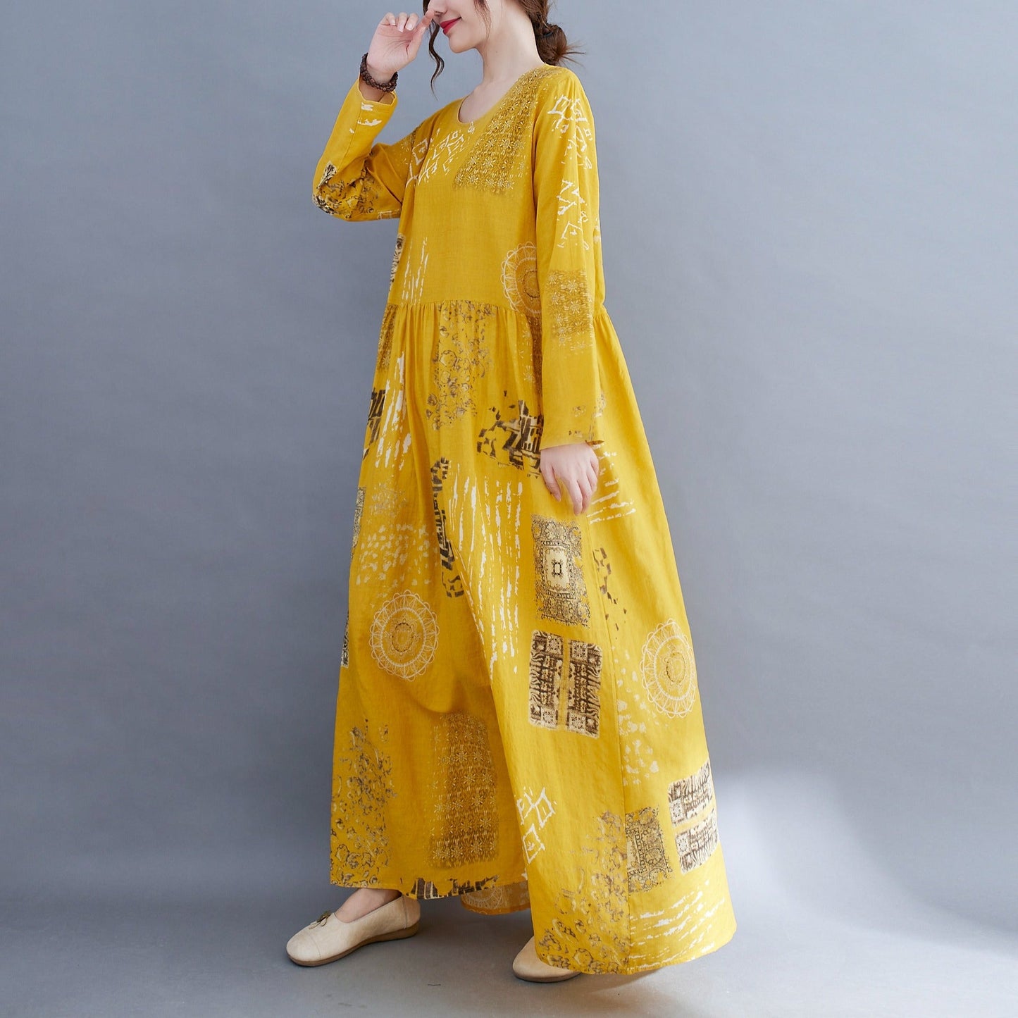 Women Yellow Plus Sizes Long Cozy Dresses-Dresses-Free Shipping at meselling99