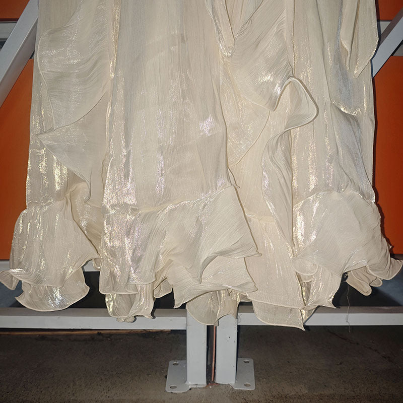 Summer Stand Collar Lantern Sleeve Ruffled Waist Dress for Women