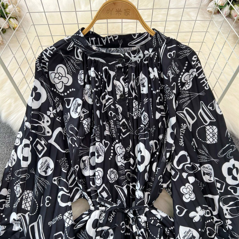 Retro Palace Style Lantern Sleeve Round Neck A-Line Floral Print Button-Down Waist Dress