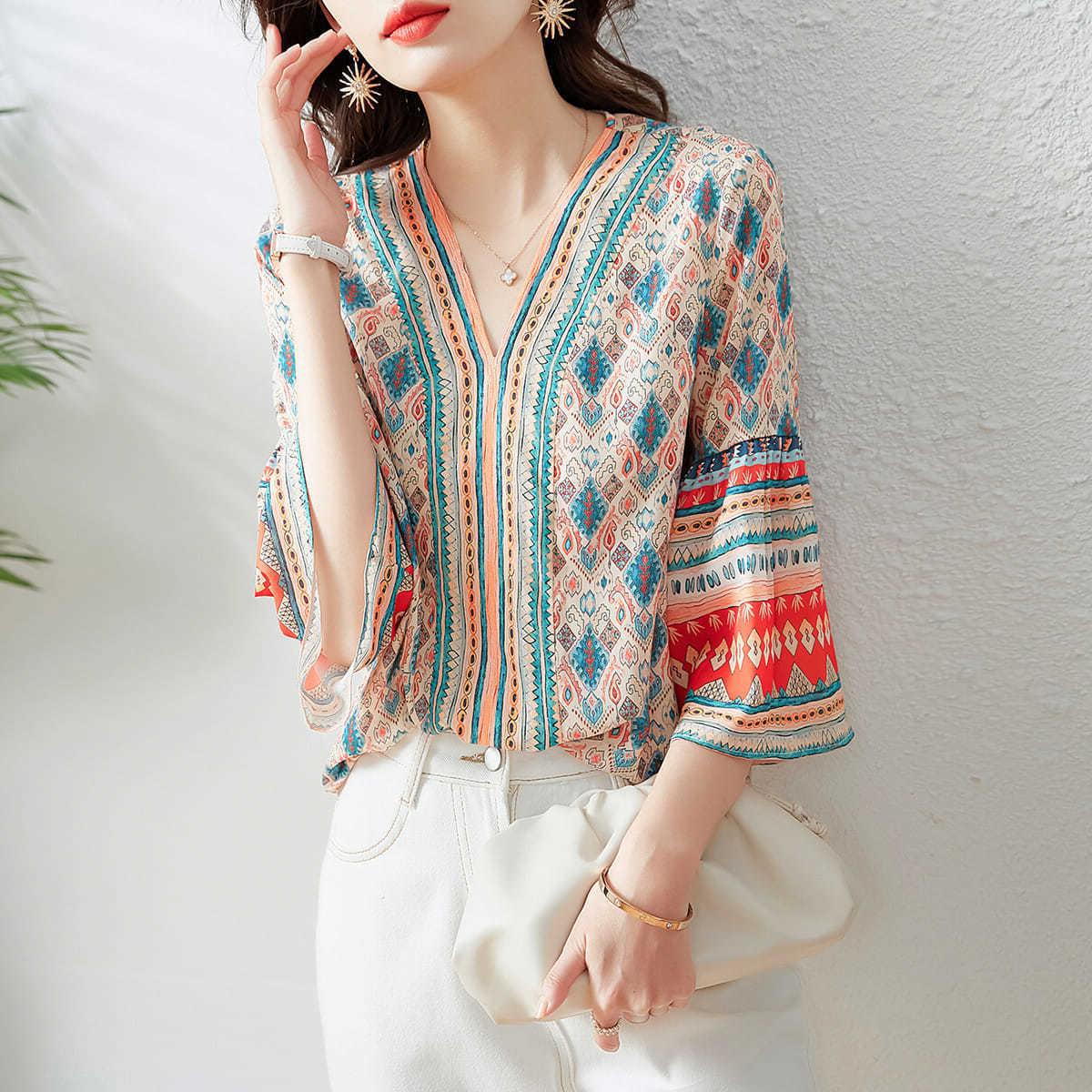 Summer Bohemian Chiffon 3/4 Length Women Blouses