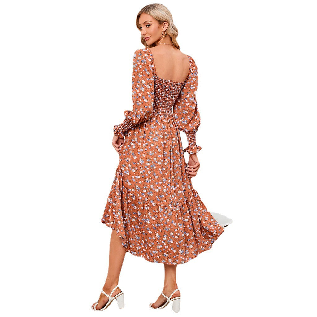 Women's Floral Print Square Neck Chiffon Dress