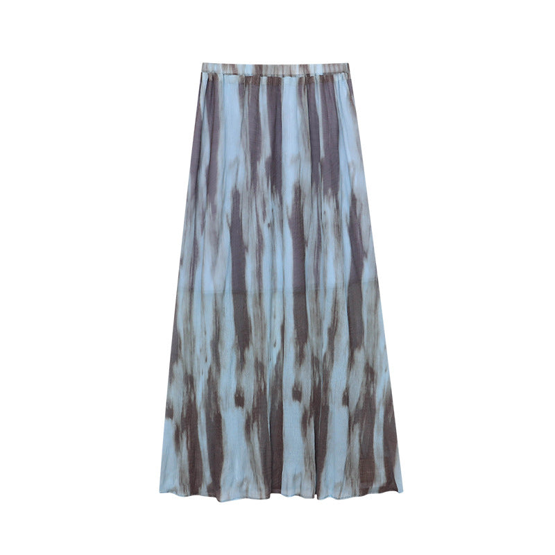 High-Waisted Long Hemline Skirt with Watercolor-Ink Drape