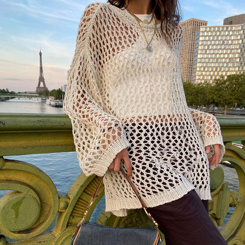 Women's Summer Boho Crochet Mesh Knit Oversized Pullover.