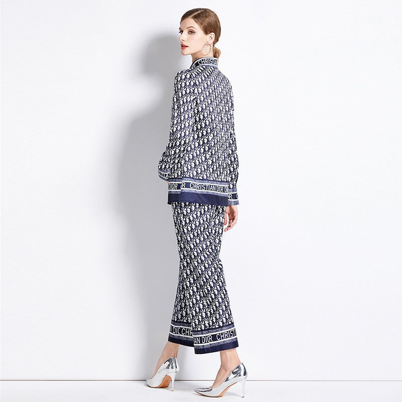 Versatile and Slimming Shirt Paired with Loose Positioned Printed Wide-Leg Pants Set