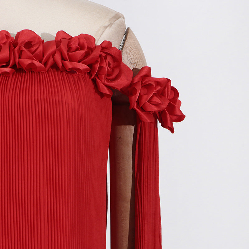 Elegant Off-Shoulder Long Dress with 3D Floral Appliques