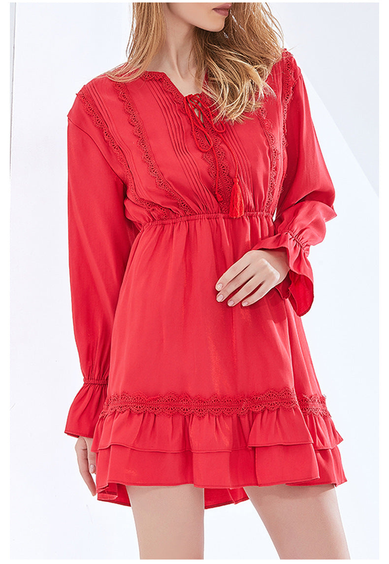 Retro V-Neck Tie-Waist Flare Sleeve Short Dress