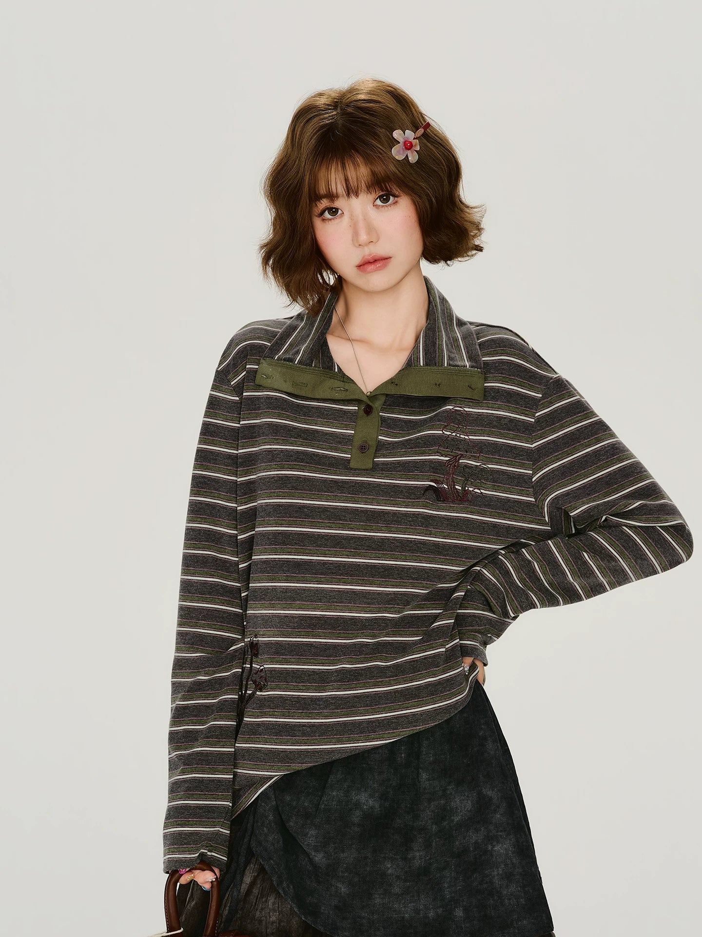 Girlyhalo Vintage High Neck Striped Long Sleeve Tee