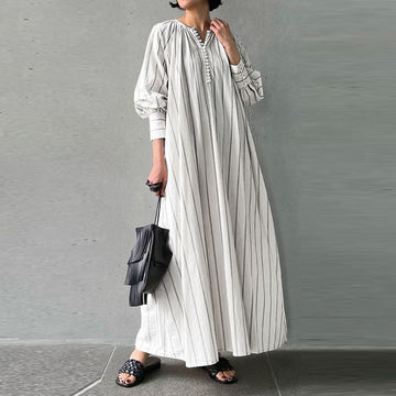 Plus Size Women's Linen Striped Round Neck Long Sleeve Casual Loose Fit Maxi Dress