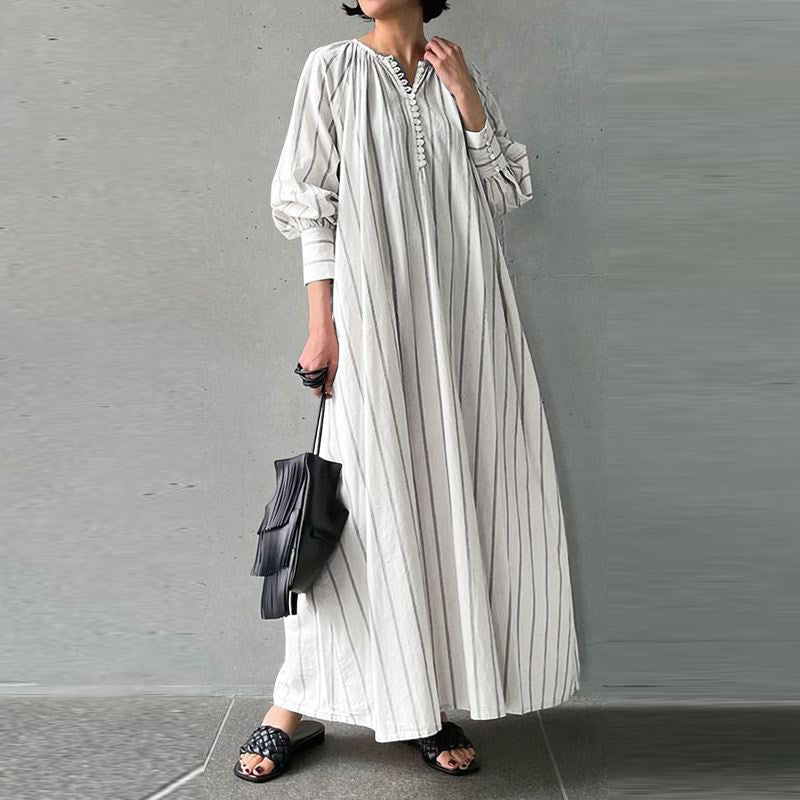 Plus Size Women's Linen Striped Round Neck Long Sleeve Casual Loose Fit Maxi Dress