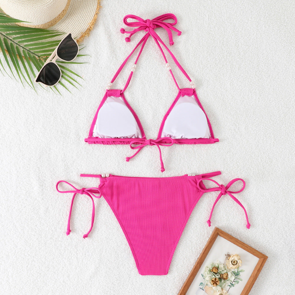 Pearl Strap Hollow-Out Bikini Set – Sexy Three-Piece Women's Swimwear