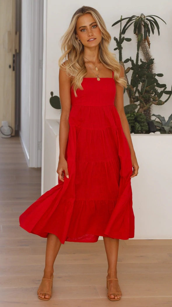 Shirley Ruffle Tiered Midi Dress - Tomato Red