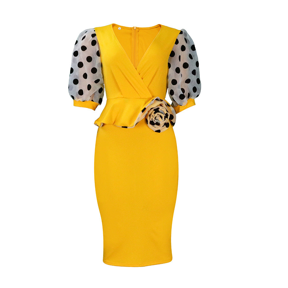 Elegant Puff Sleeves Women Dresses-Dresses-Yellow-S-Free Shipping at meselling99