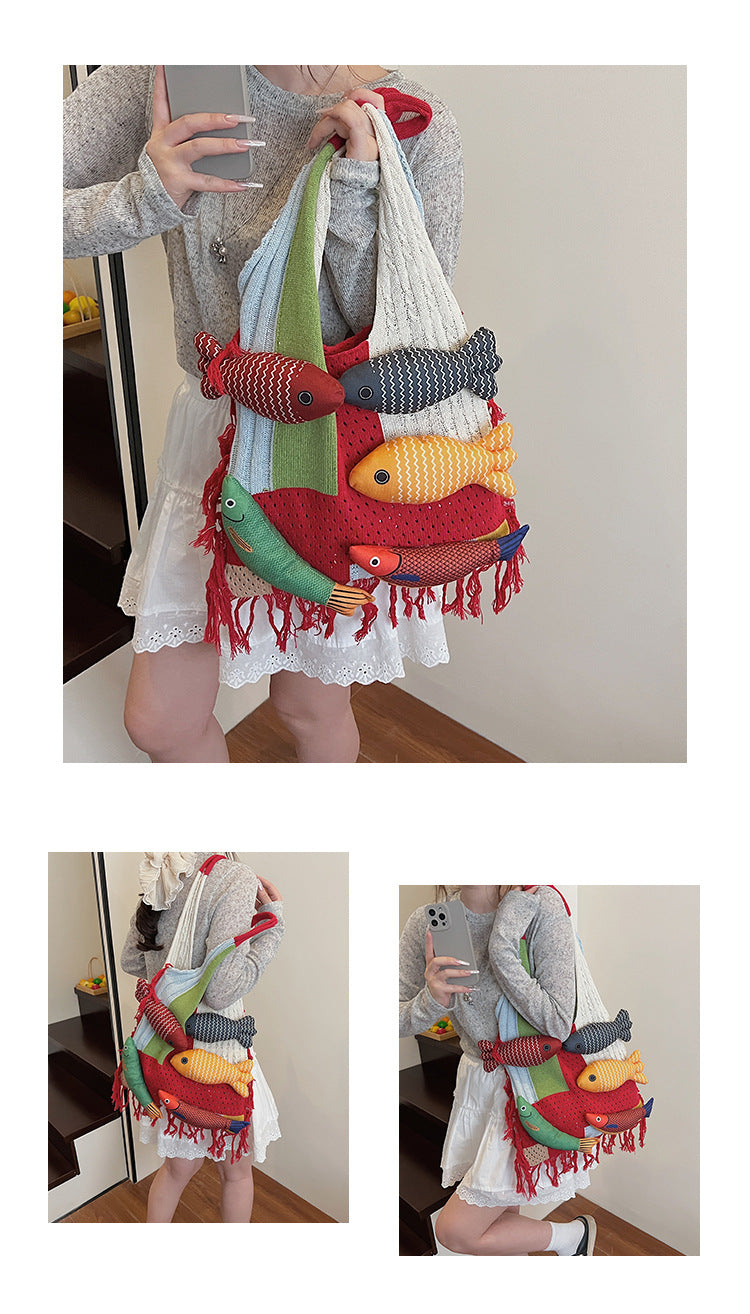 Patchwork Knit Shoulder Bag with Checkered Design