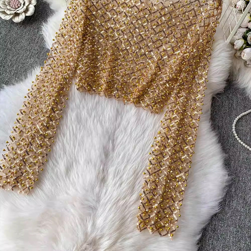 Sequin Beaded Round Neck Long Sleeve Cropped Top