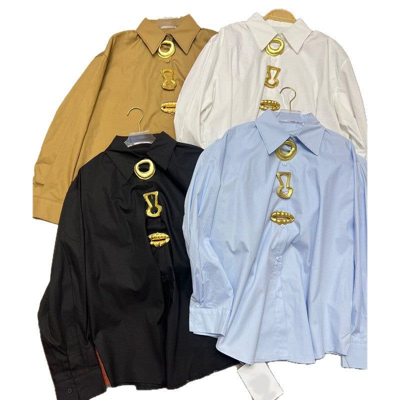 Fashionable Lapel Loose Fit Button-Up Long Sleeve Shirt