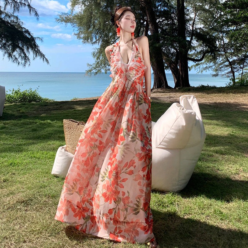 Lily Flower Winged Halter Backless Maxi Dress – Elegant Summer Vacation Gown