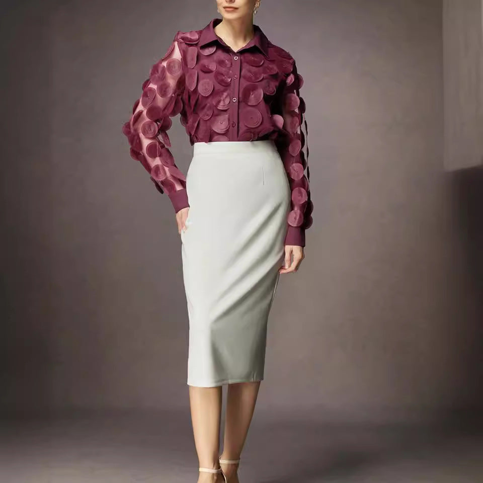 Women's Fall Long Sleeve Round Neck Mesh Sleeve Blouse