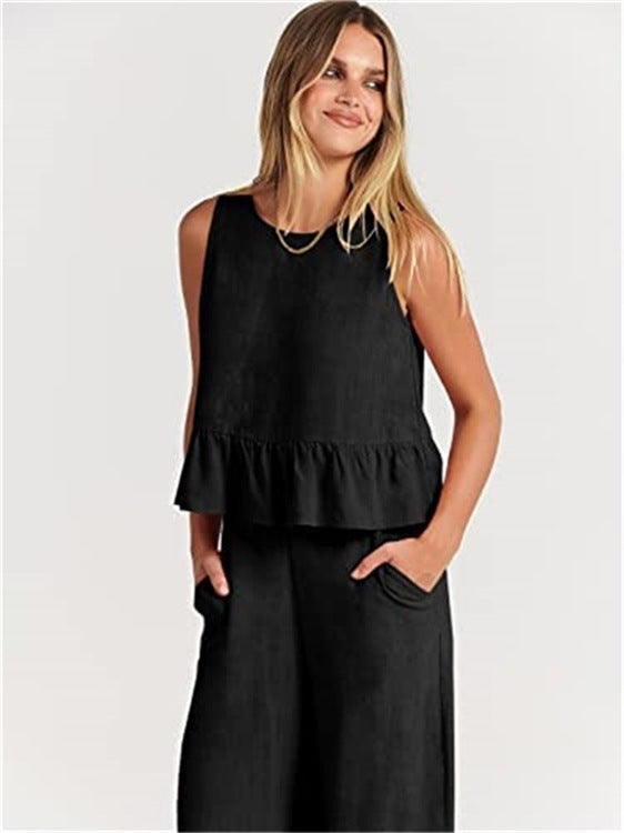 Women's Summer Sleeveless Pleated Vest & Wide-Leg Cropped Pants Casual Set