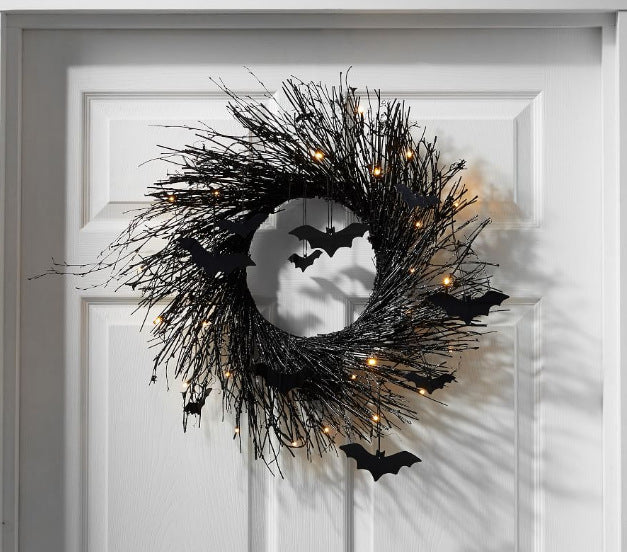 Halloween Black Bat Wreath with LED Lights - Wall Hanging Decor