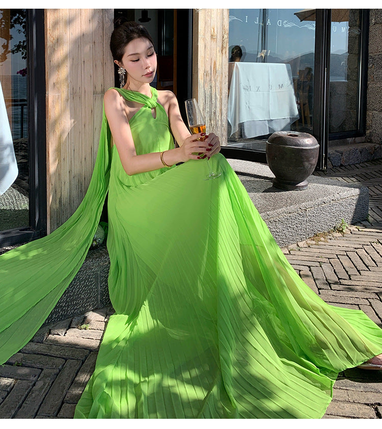 Elegant Neck-Tie Flowy Ruffle Dress – Maxi Pleated Skirt, Resort Vacation & Beach Cover-Up