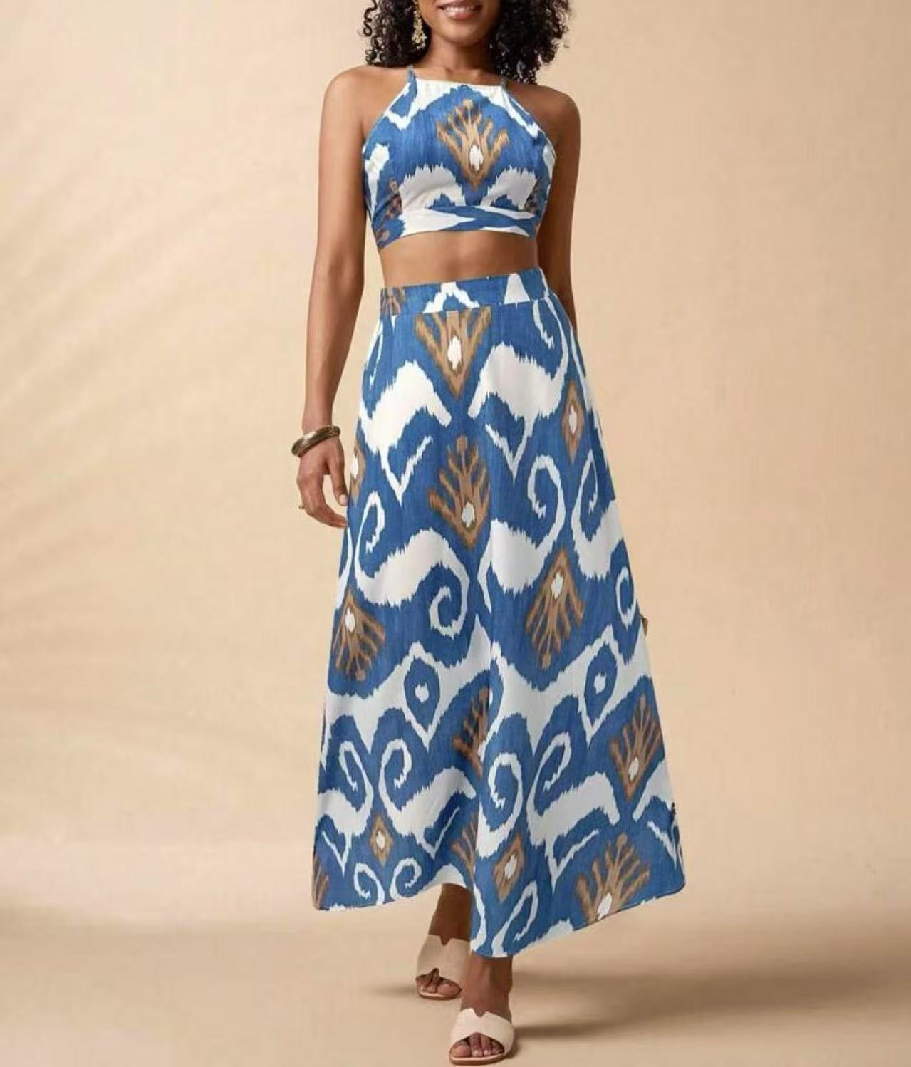 Women's Printed High-Waist Bikini Set with Sun Protection Cover-Up Skirt