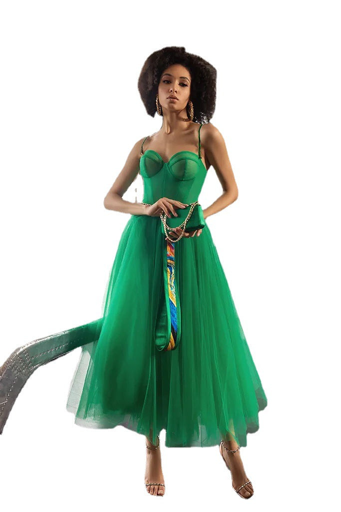 Green Tulle Shoulder Straps Party Dresses-Dresses-Free Shipping at meselling99