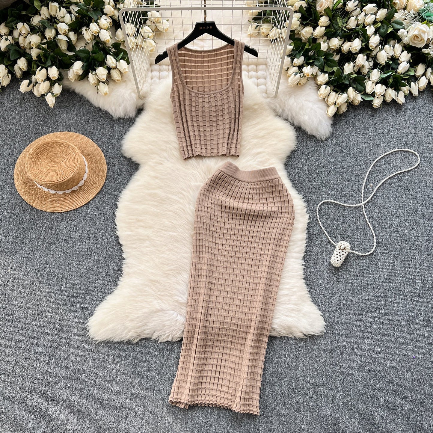 Sexy Summer Short Tank Tops & High Waist Knitted Skirts