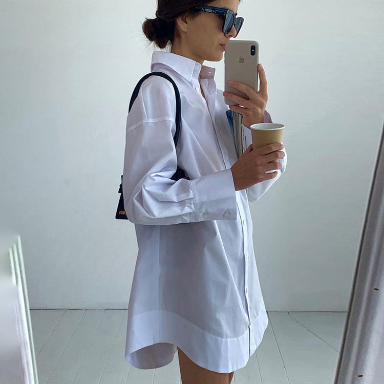 Oversized Fall White Button-Down Cotton Shirt for Women