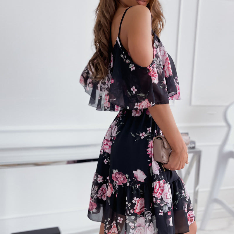 Women's Summer Chiffon Floral Print Off-Shoulder Sexy Spaghetti Strap Dress