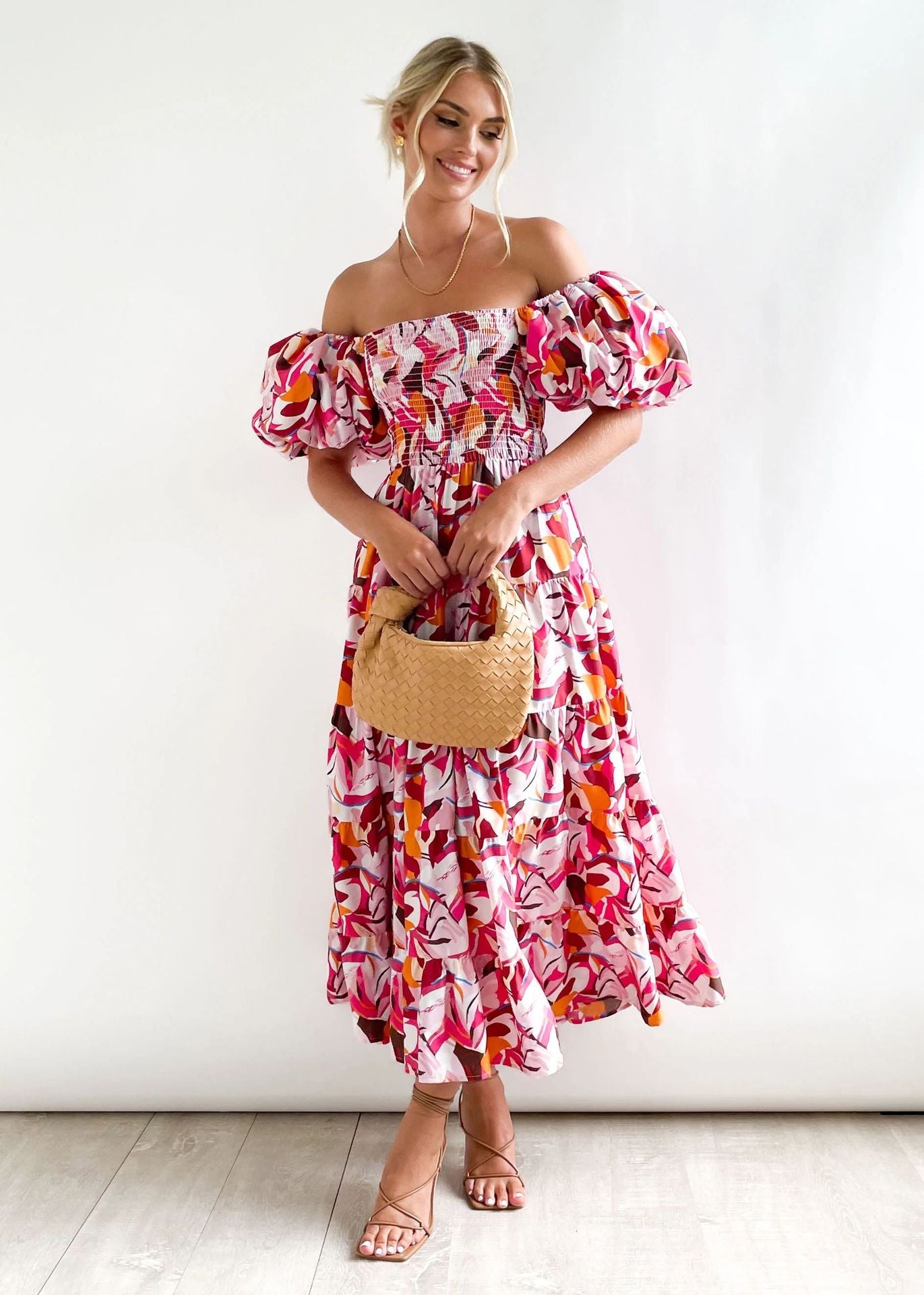 Flutter Sleeve High Waist Off-Shoulder Print Dress
