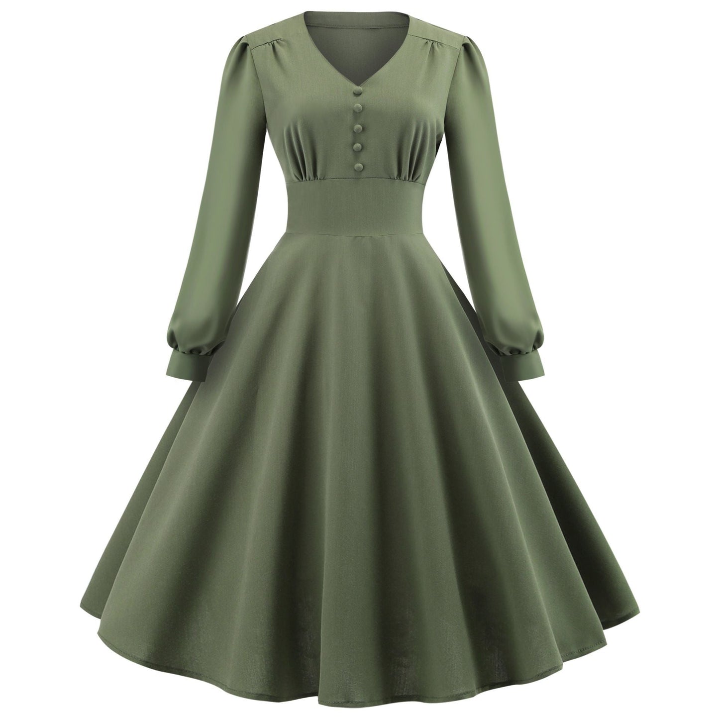 Vintage Long Sleeves Dresses with Button-Dresses-Army Green-S-Free Shipping at meselling99