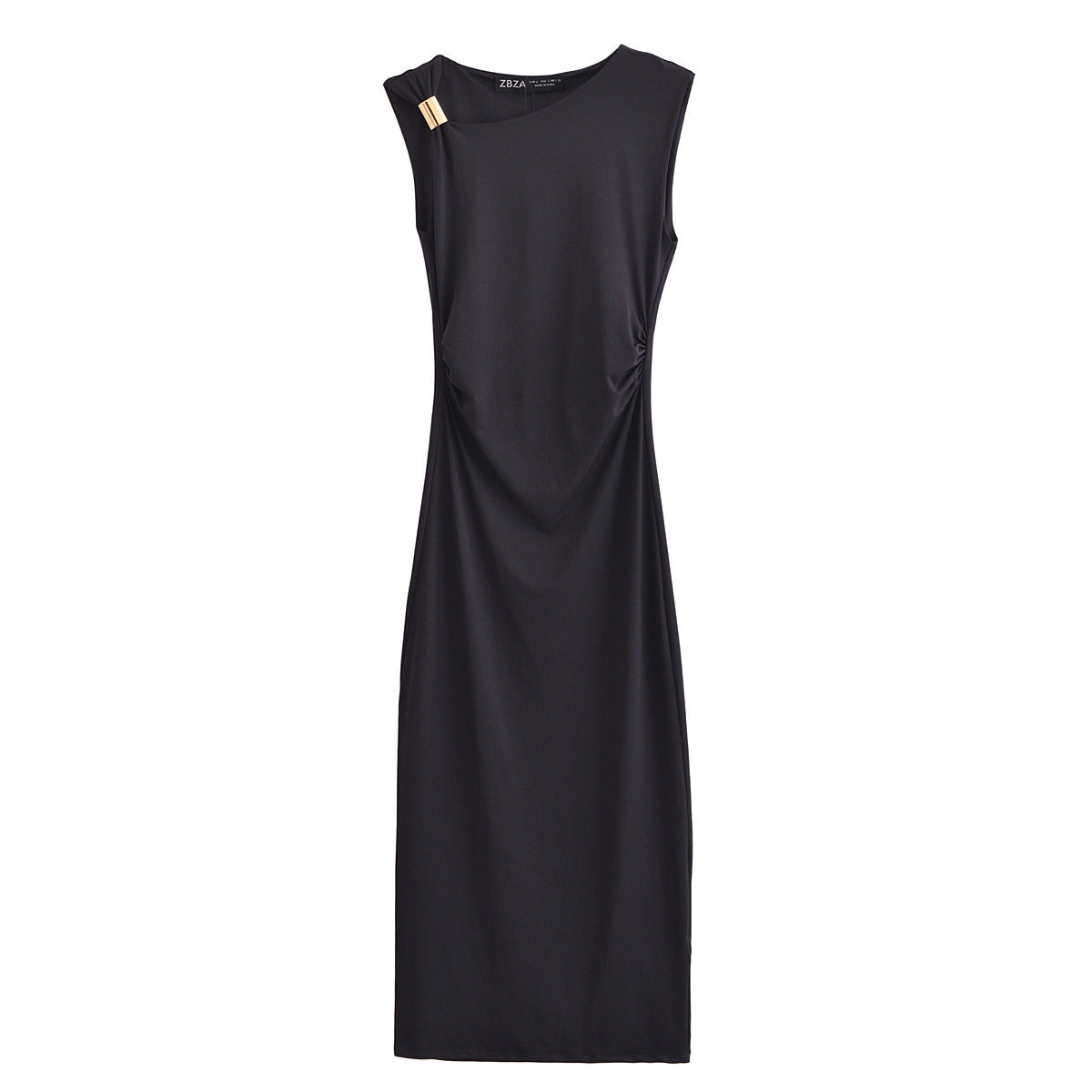 Gold Trim Asymmetrical Neckline Sleeveless Midi Dress