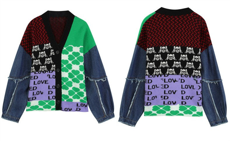 Women's Denim Patchwork Sweater Cardigan