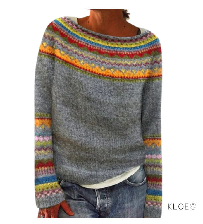 Women's Loose Knit Sweater - Color Block Round Neck Pullover