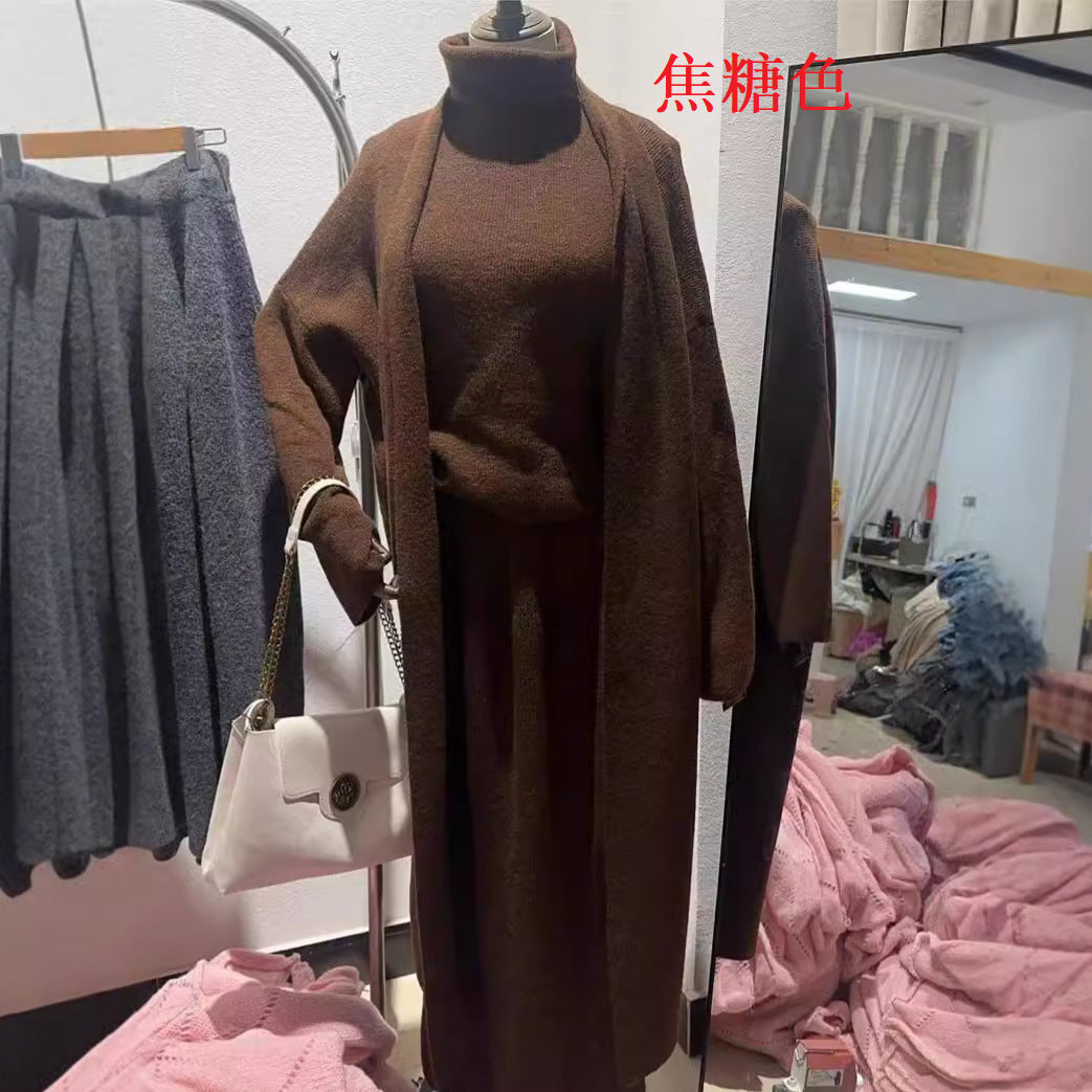 Women's Knit Three-Piece Set: High-Neck Vest & Skirt Outfit