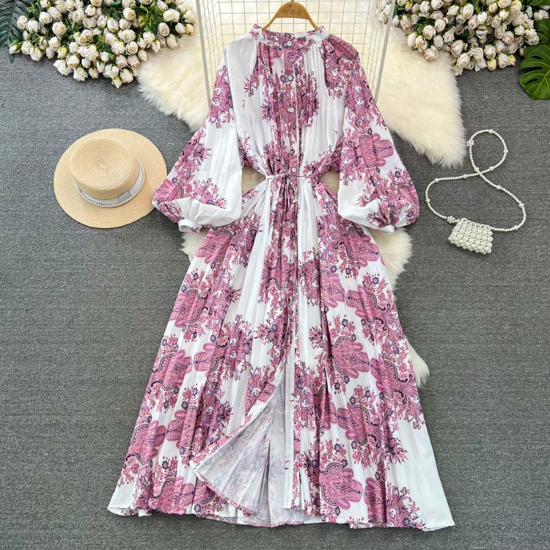 Retro Palace Style Lantern Sleeve Round Neck A-Line Floral Print Button-Down Waist Dress