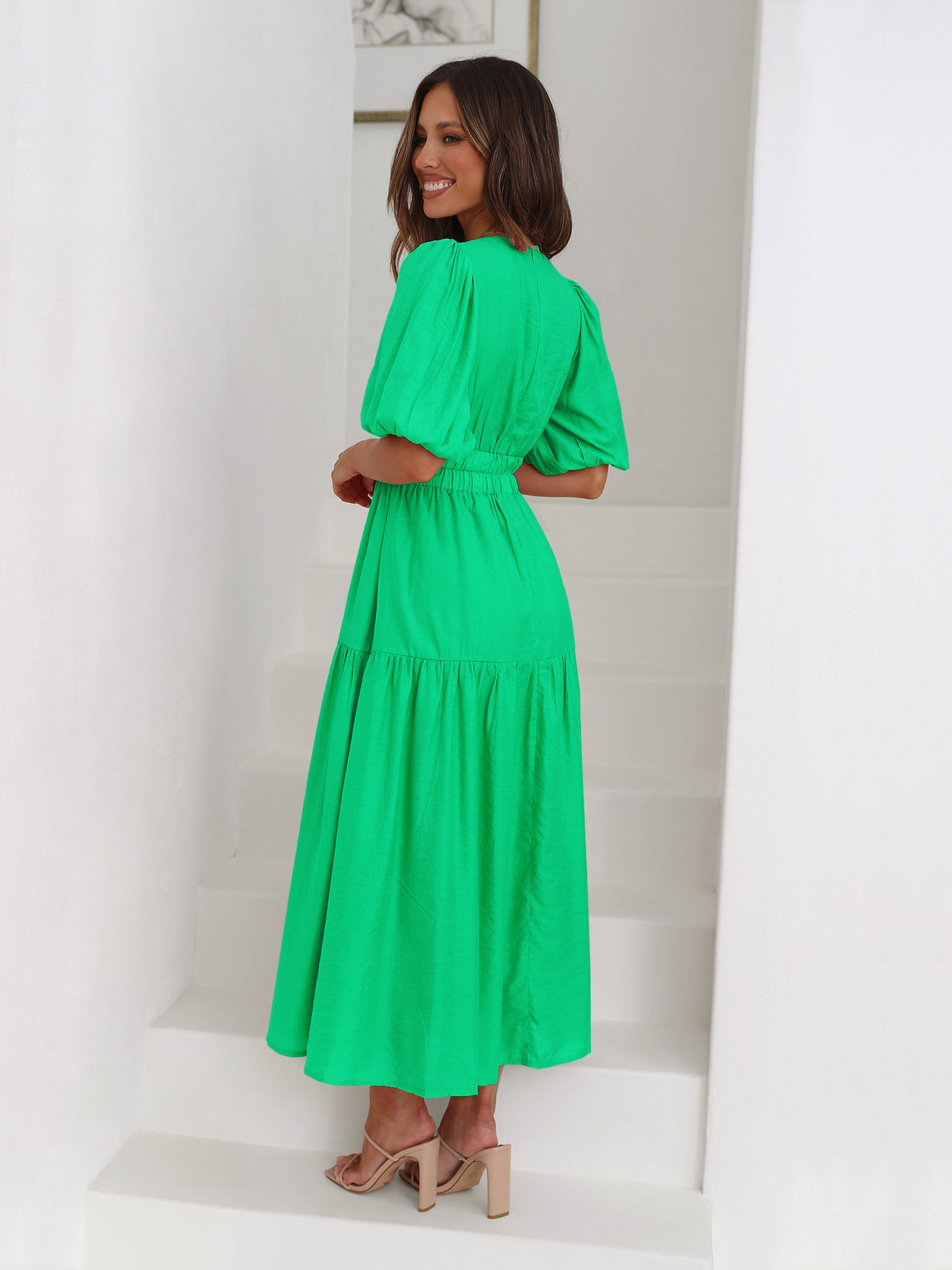 Chic Deep V Puff Sleeve Vacation Dress