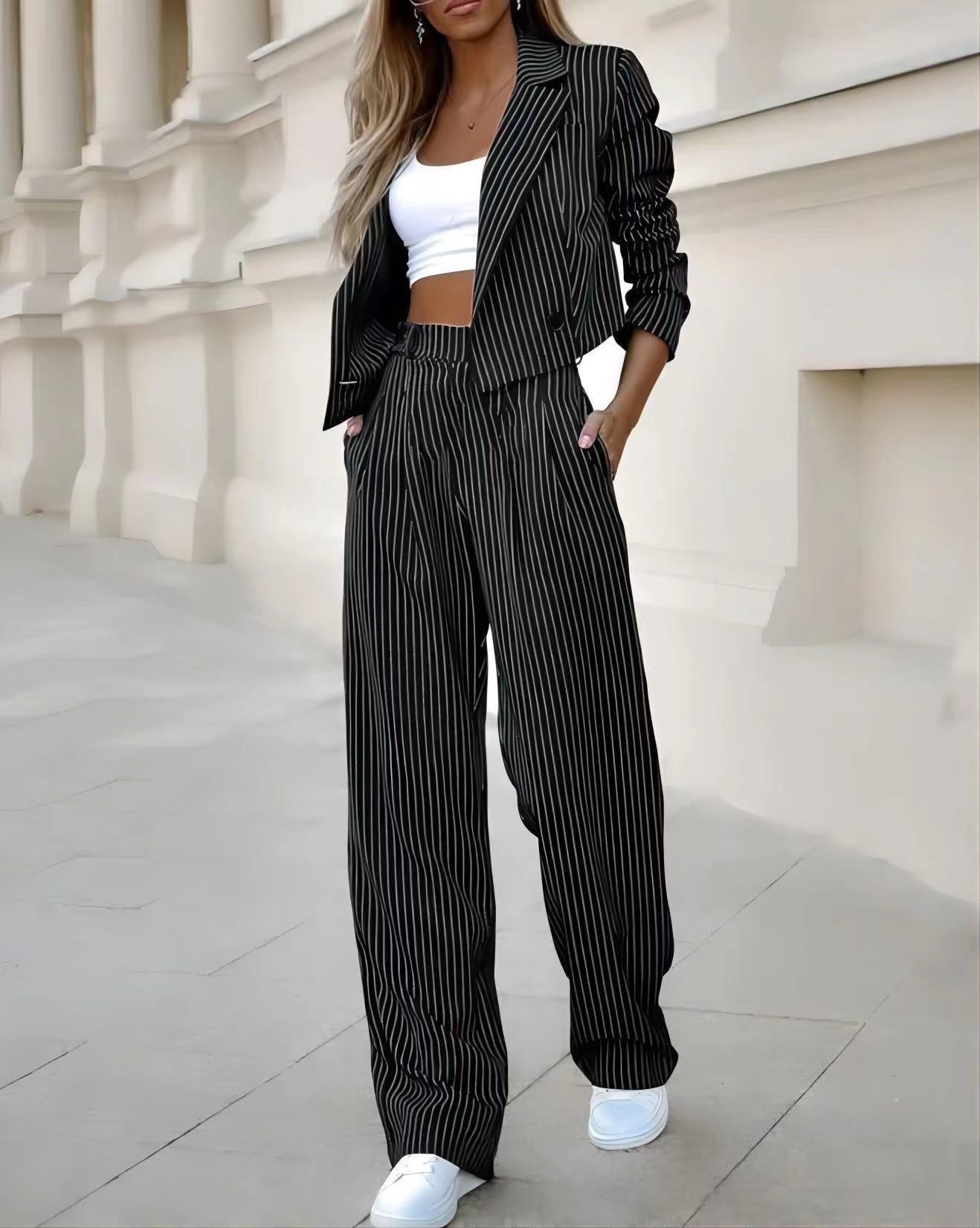 Fashion Striped Short Coats & Pants Women Suits