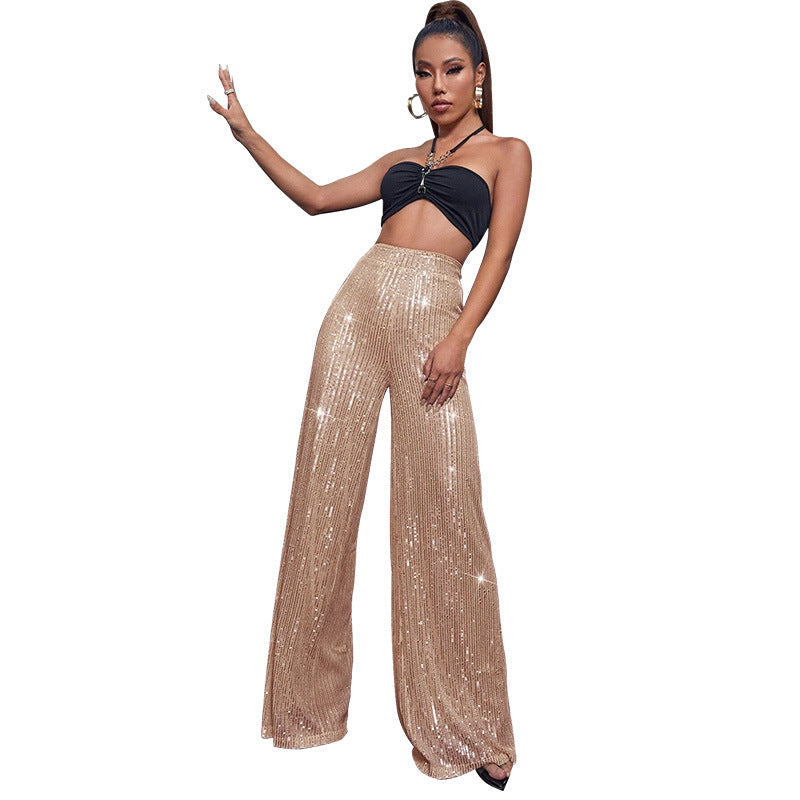 Fashion High Waist Sequin Summer Wide Legs Pants