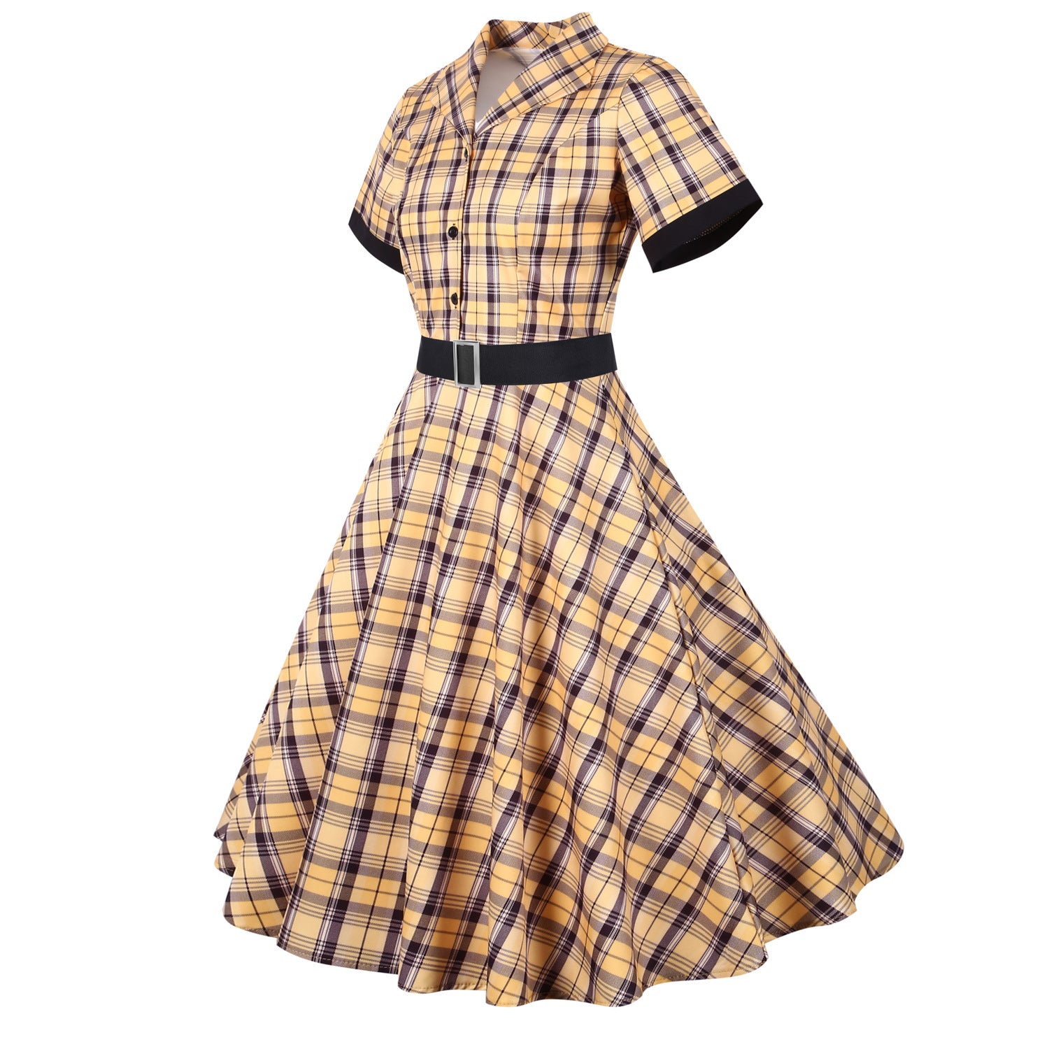 Retro Plaid Short Sleeve Dress with Belt
