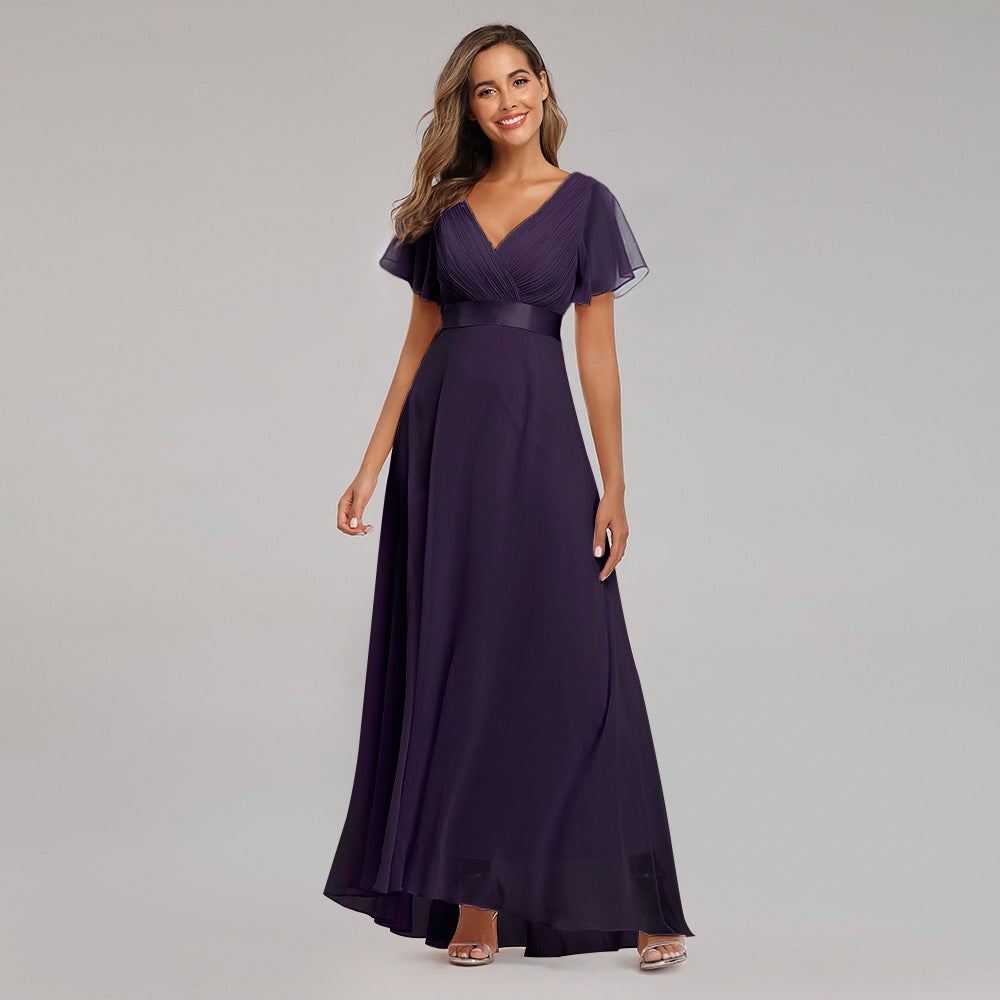 Elegant V Neck Chiffon Women Party Dresses-Dresses-Dark Purple-S-Free Shipping at meselling99