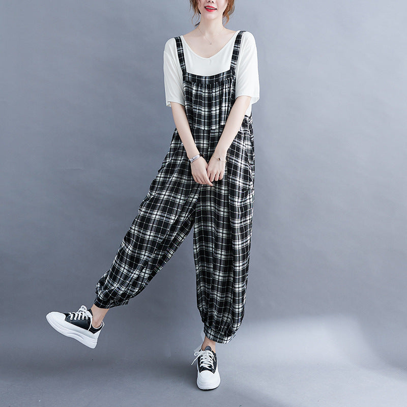 Vintage Plaid Plus Sizes Jumpsuits for Women