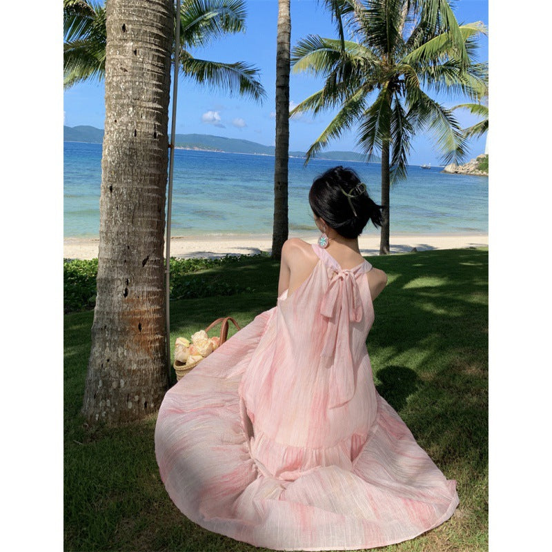 Sweet & Stylish Tie-Front Halter Sundress – Oversized Pink Tie-Dye Maxi Dress-Pink-S-Free Shipping Leatheretro