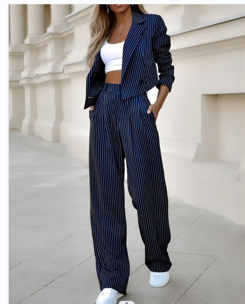 Fashion Striped Short Coats & Pants Women Suits