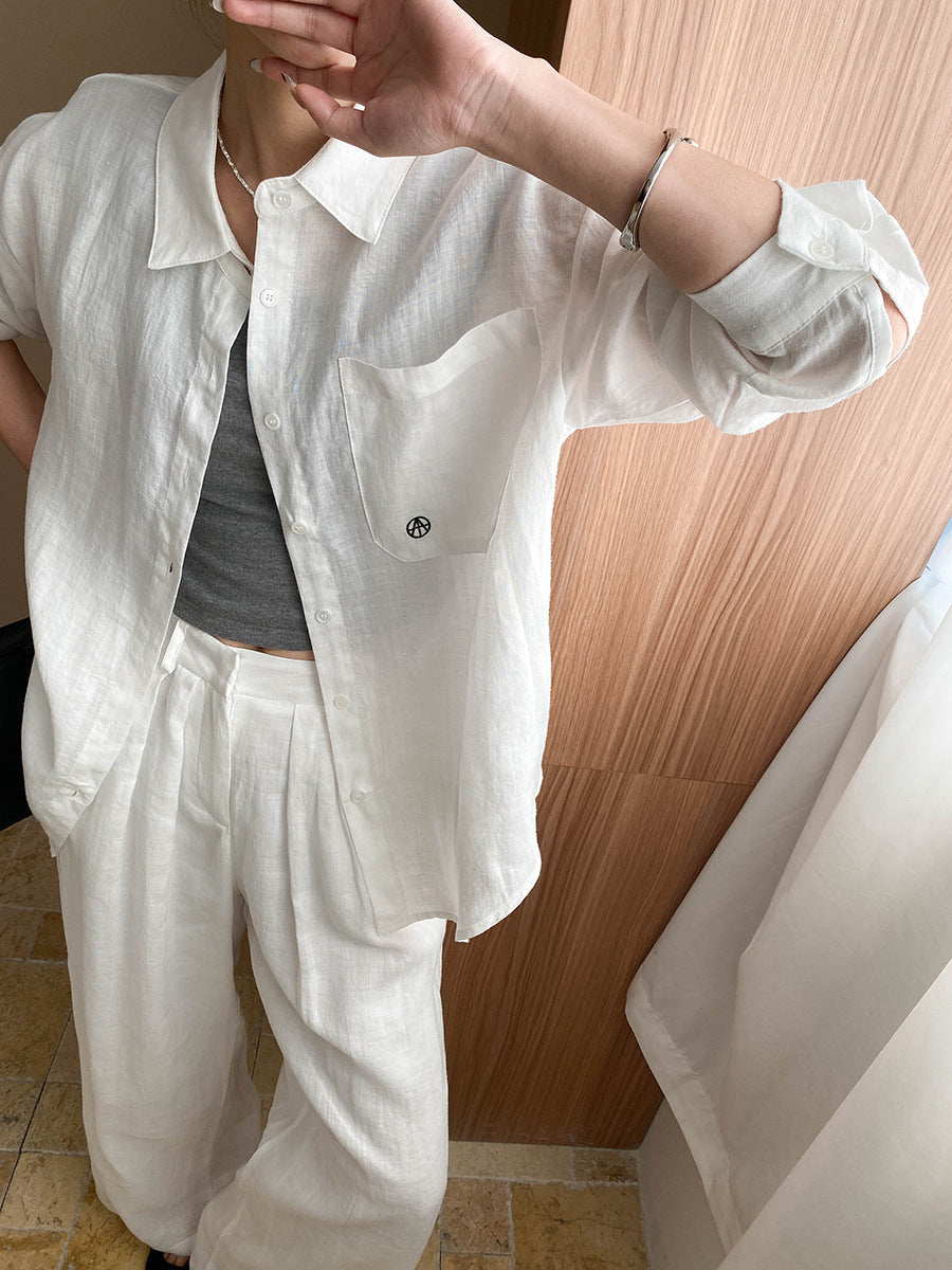 Luxury 100% Linen Sun Protection Shirt & Wide-Leg Pants Set – Breathable & Stylish