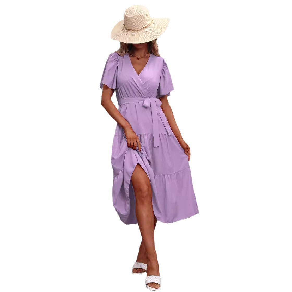 Women's Summer Solid Color V-Neck Short Sleeve Dress
