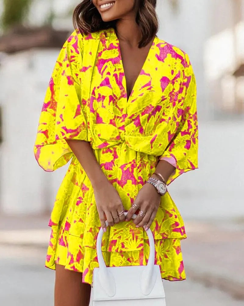 Casual V Neck Bat Sleeves Short Dresses