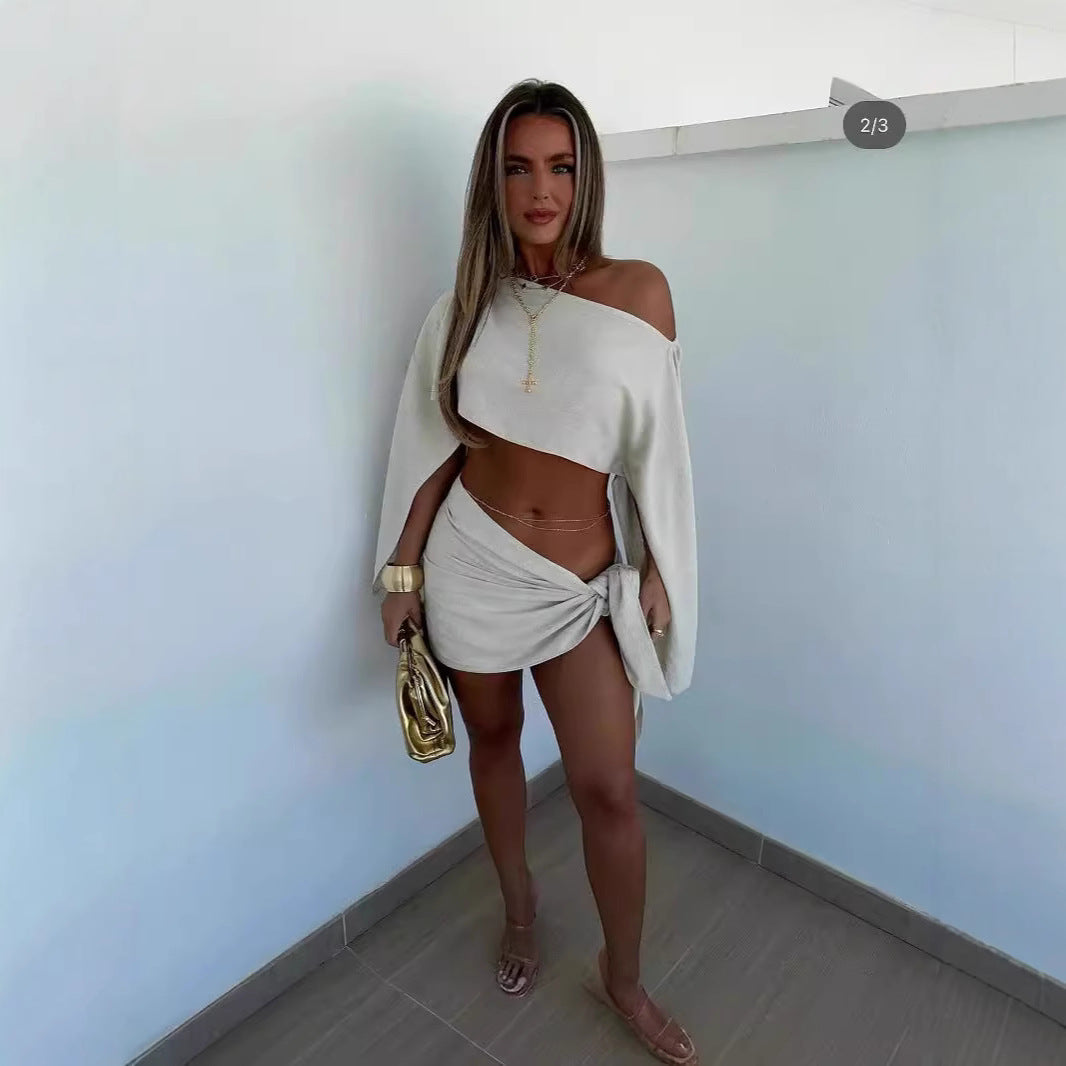 Women's Summer Beach Vacation Outfit - Breathable Long Sleeve Top + Short Skirt Set